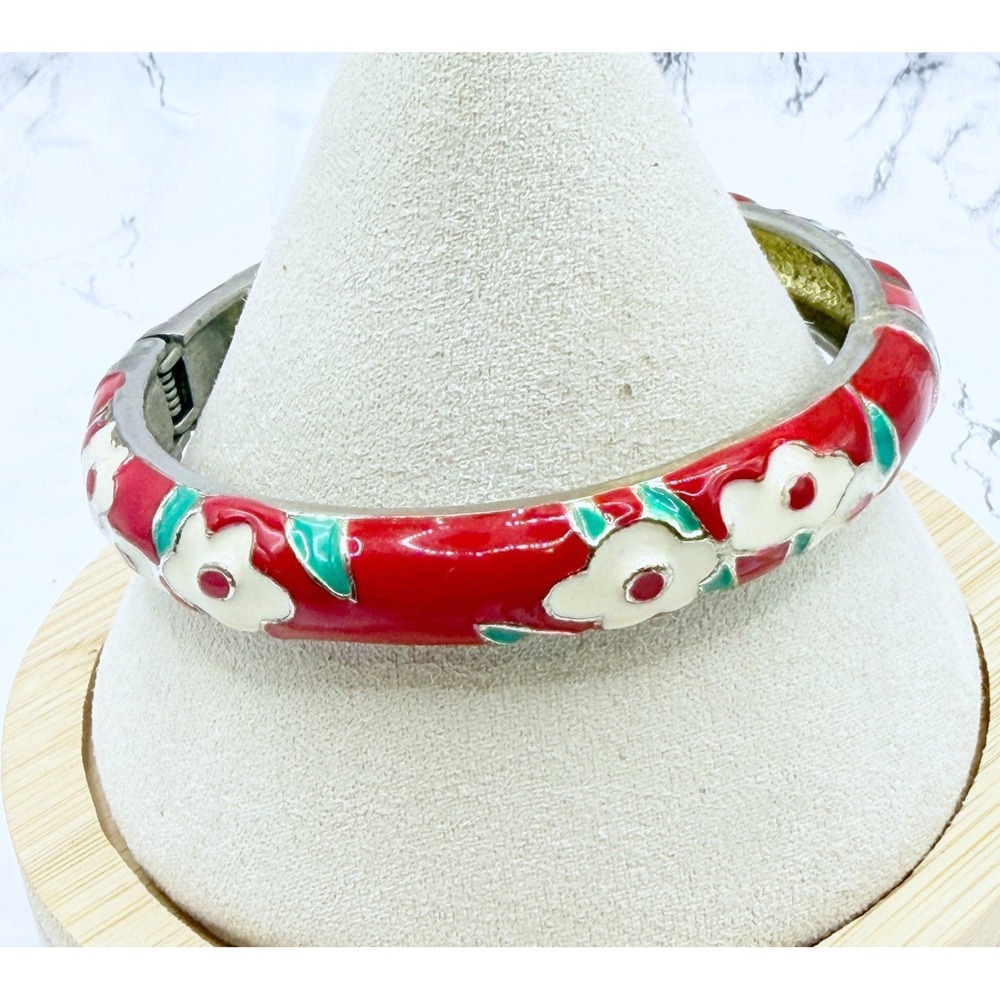 Vintage Signed Red White Green Floral Enamel Hinged Clamper Bracelet Signed
